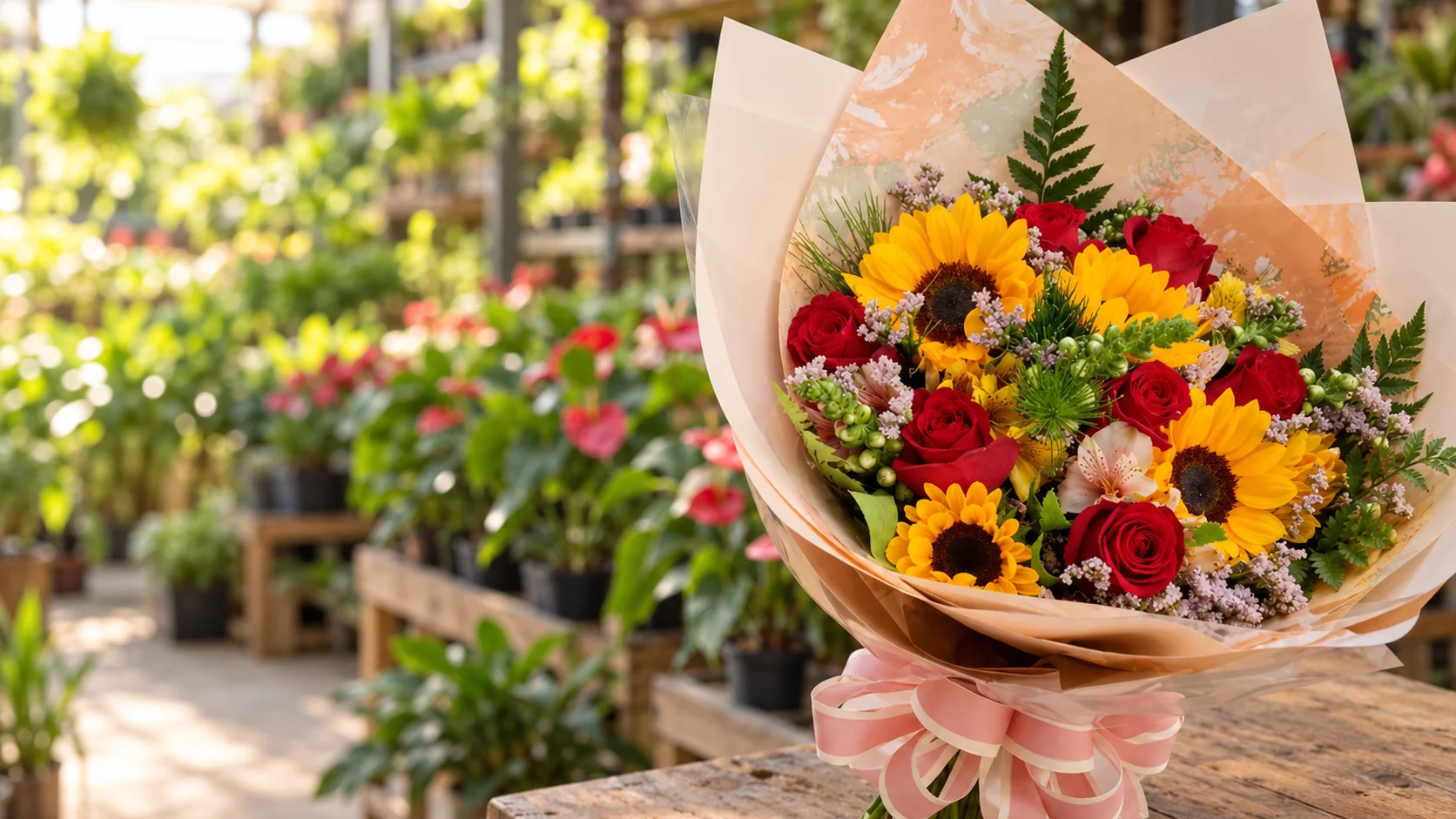 Buquê de girassóis e rosas da Plantas do Vale sobre a bancada do garden center